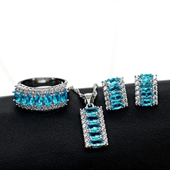Platinum Plated Necklace Earring Ring CZ Cubic Rhinestone Necklace Blue Earrings - Picture 1 of 8